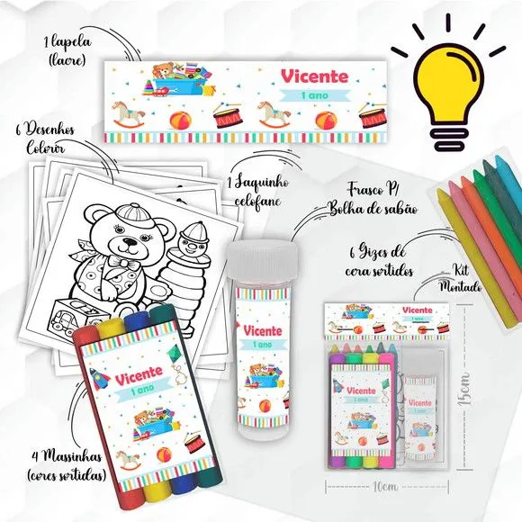 Kit Massinha + Giz + Bolha Brinquedos Personalizado - feito à mão por Mi Papelaria Criativa