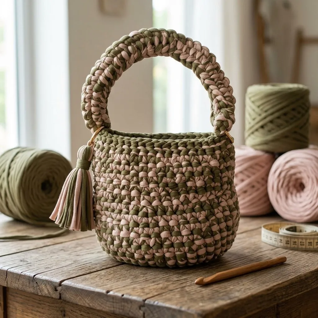 Bolsa em crochê  fio malha verde/creme