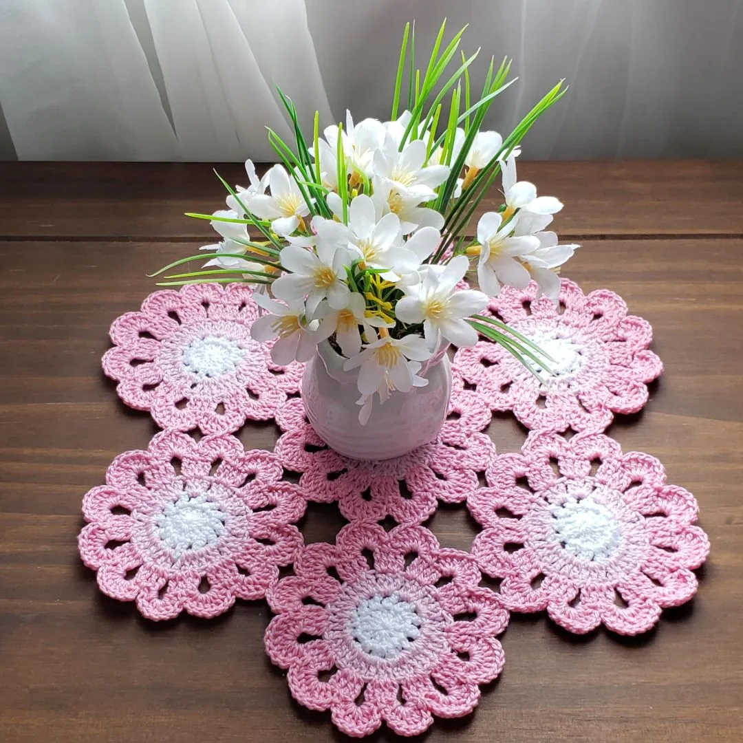 Toalhinha de Crochê Flores Japonesa Rosa com Branco - foto 3