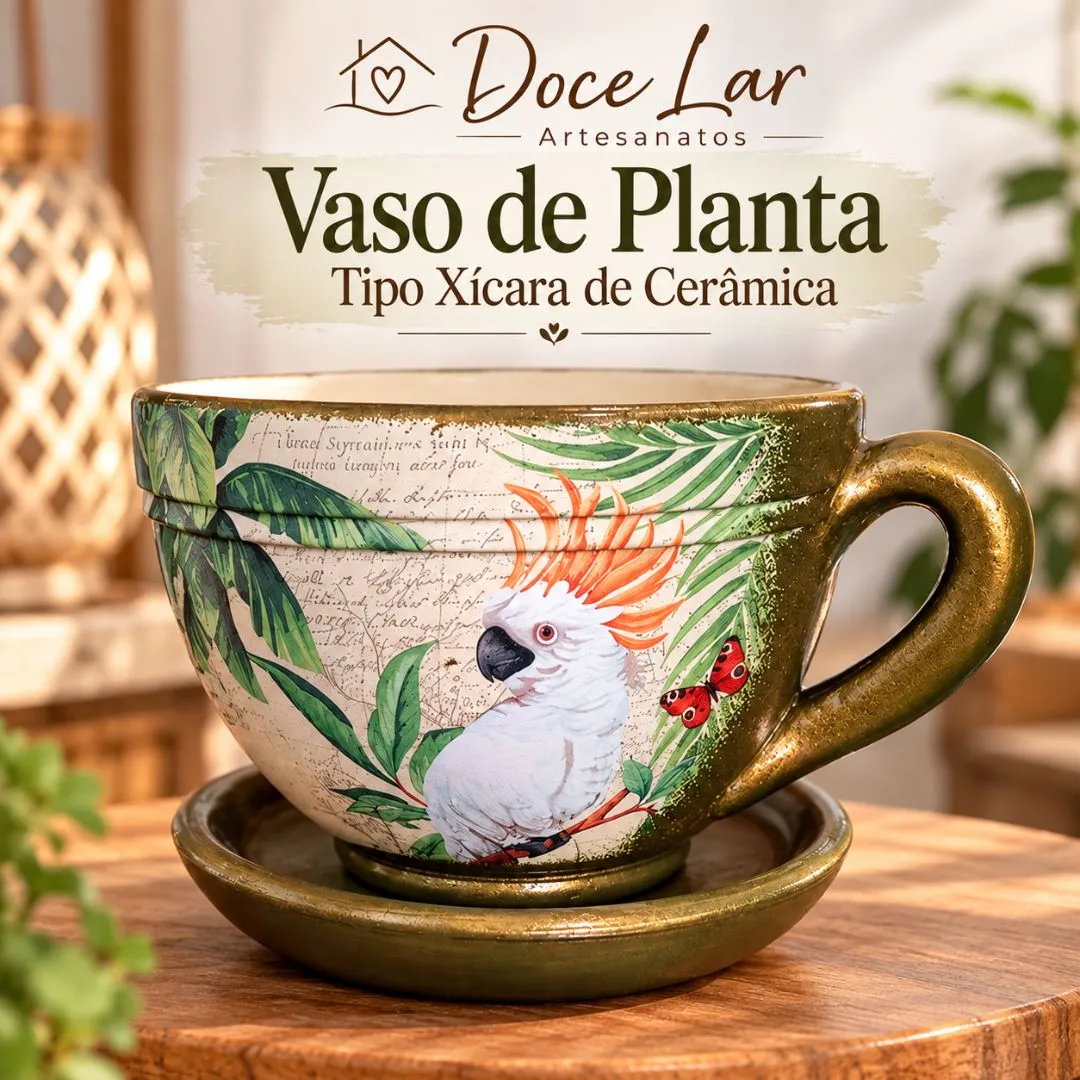 Vaso de Planta Tipo Xícara de Cerâmica Tamanho Médio Artesanal Cacatua