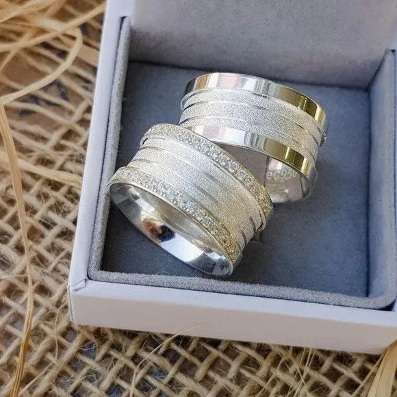 Par Alianças Prata 950 Namoro Italiana 10mm + Anel Compromiso - artesanato feito à mão por TM JOIAS