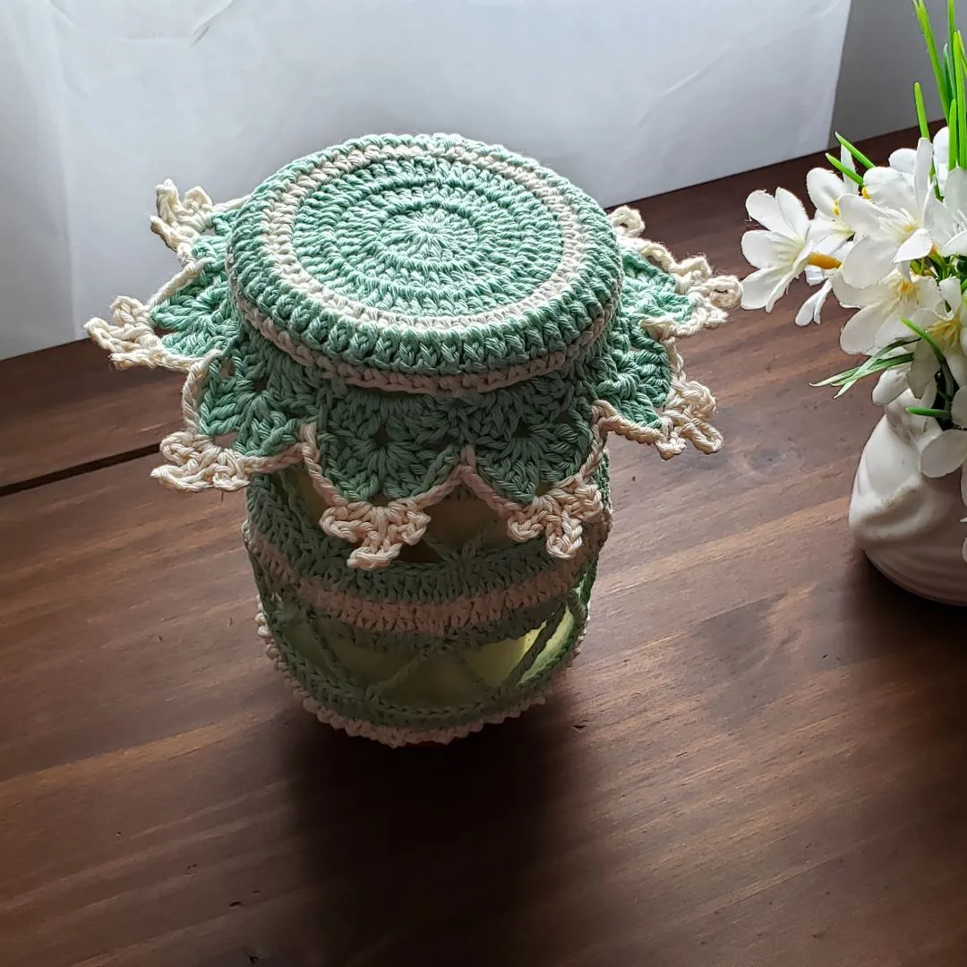 Capa para Potes de Vidro em Crochê - Verde Água e Cru - foto 5