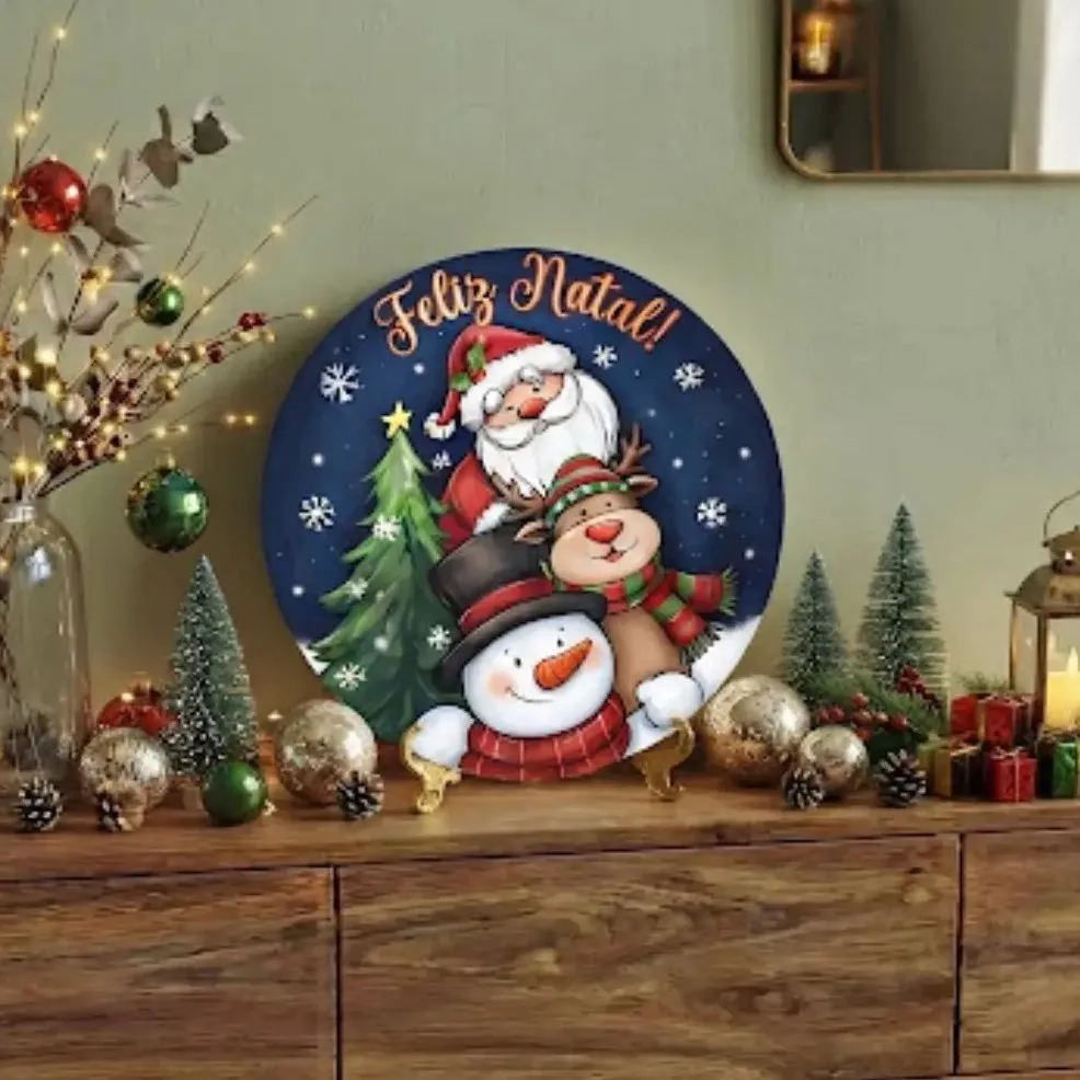 Placa decorativa MDF 35 cm Guirlanda de Natal enfeite de porta Noel Rena Boneco de Neve - artesanato feito à mão por Limão e Amora Festas