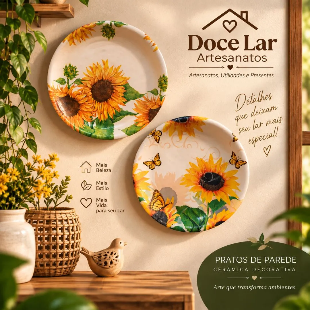 Kit 2 Prato de Parede Enfeite Decorativo De Cerâmica Artesanal Girassol