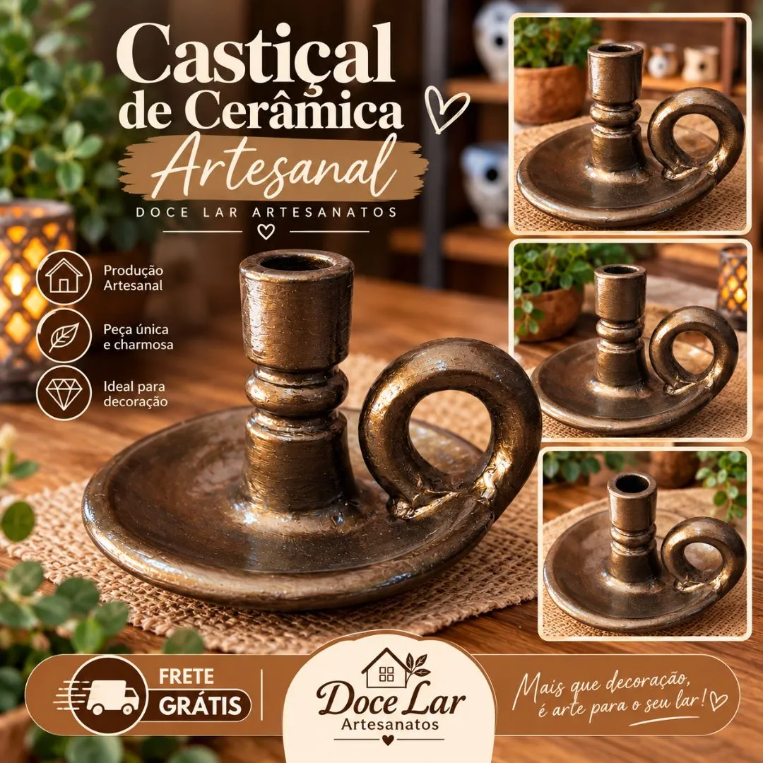 Kit 2 Castiçal Porta Vela de Cerâmica Artesanal Ouro Negro - foto 2