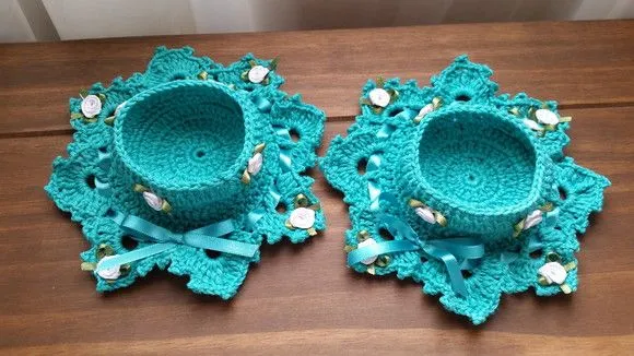 Conjunto de Porta Velas em Crochê - Verde Piscina - foto 2