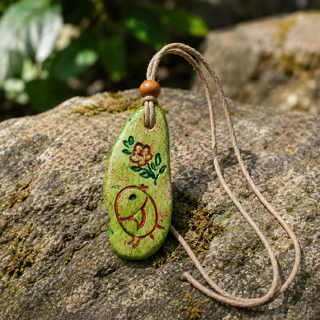 Colar Pássaro e Flor em Cerâmica Artesanal - artesanato feito à mão por Nuvem Dourada Biojoias de Cerâmica