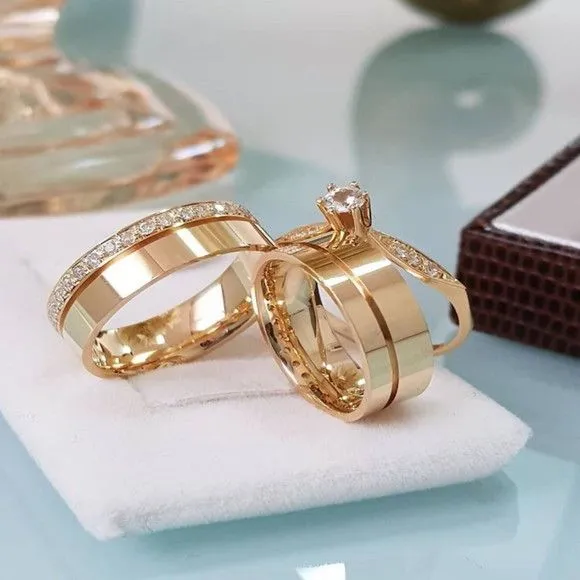Alianças de Ouro 18k 6mm 6grs Casamento + Anel Solitário - artesanato feito à mão por TM JOIAS