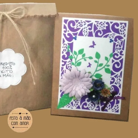 Cartão Caseiro - Flores Violetas - artesanato de Ateliê de Criação Usina Caseira