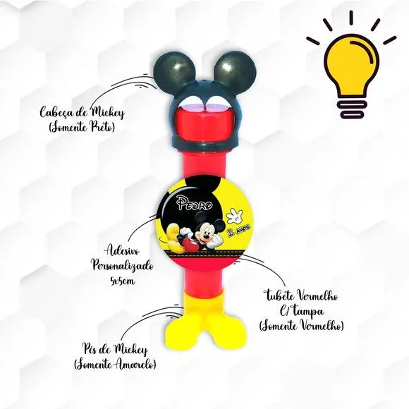 Tubete Mickey com Pés e Cabeça Personalizado - feito à mão por Mi Papelaria Criativa