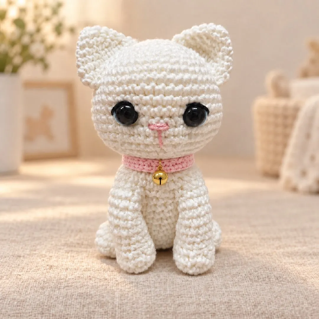 Gatinho Amigurumi com Coleirinha de Crochê e Guizo Dourado - artesanato feito à mão por crocheteria com a Maria