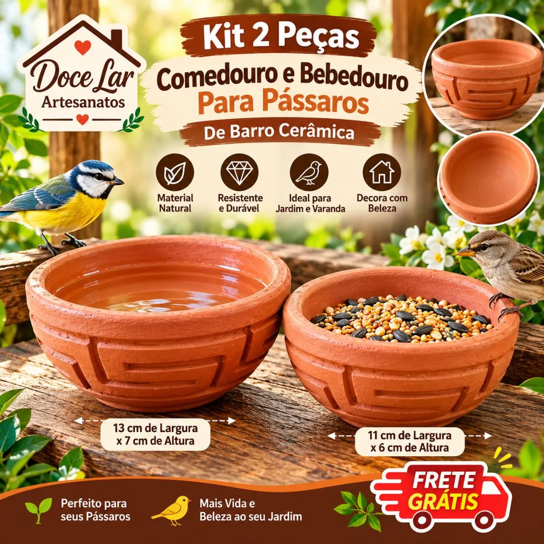 Kit 2 Peças Comedouro e Bebedouro Para Pássaros De Barro Cerâmica - foto 2