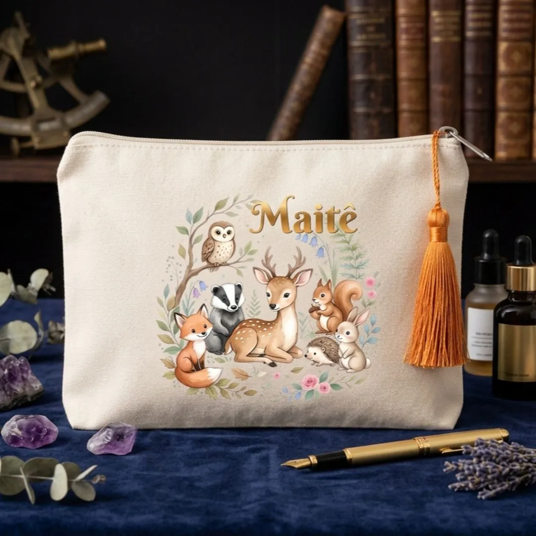 Nécessaire Personalizada em algodão Animais do Bosque Lembrancinha Chá de Bebê maternidade aniversario - artesanato feito à mão por Limão e Amora Festas