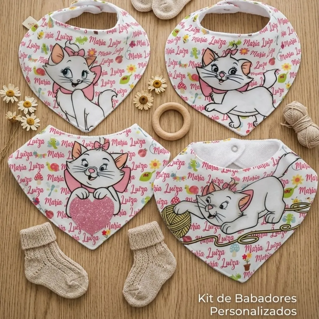 Kit 4 Babadores de Bebê Personalizados | Tema Gatinha Fofa - artesanato de Innovare Studio