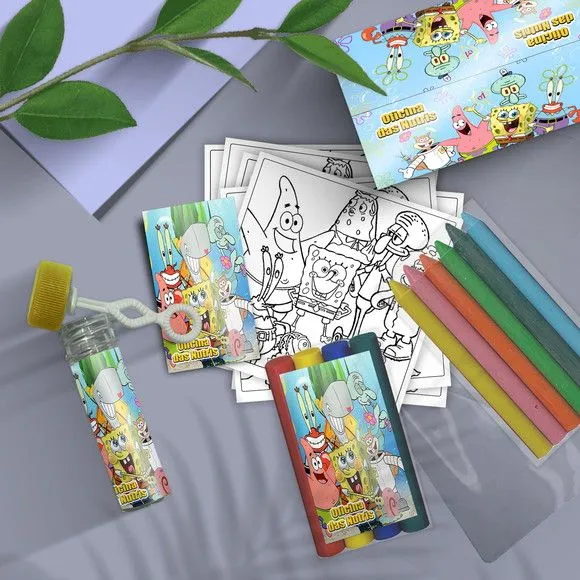 Kit Massinha + Giz + Bolha - Bob Esponja Personalizado - feito à mão por Mi Papelaria Criativa
