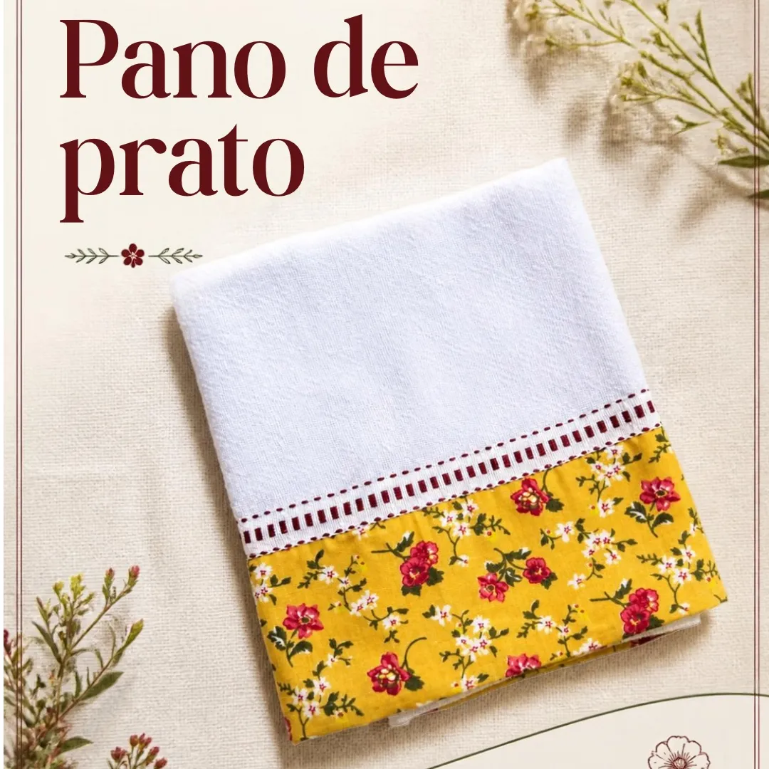 Pano de prato artesanal - com barrado de tecido 11 - artesanato de Djulik