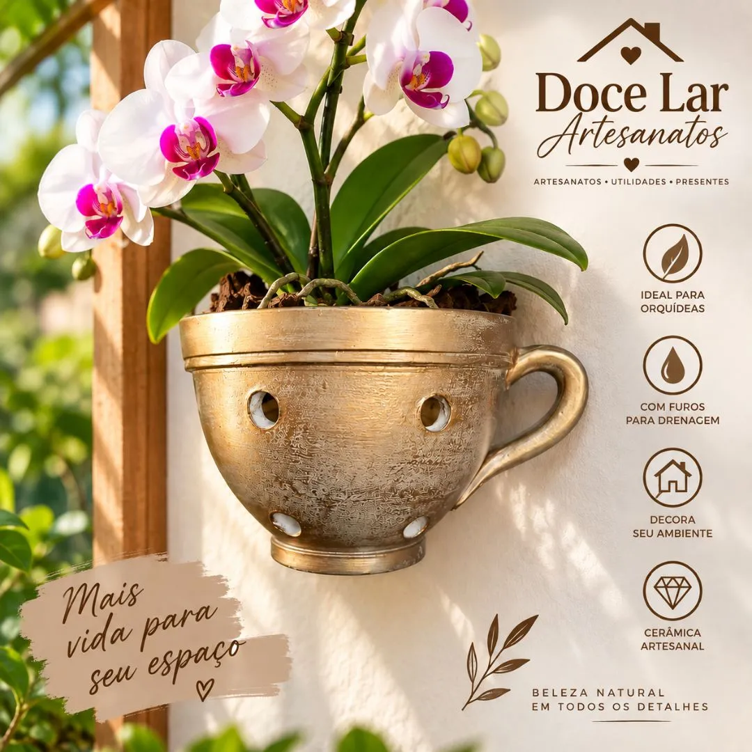 Vaso de Planta Tipo Xícara de Parede para Orquídea de Cerâmica - artesanato feito à mão por Doce Lar Artesanatos