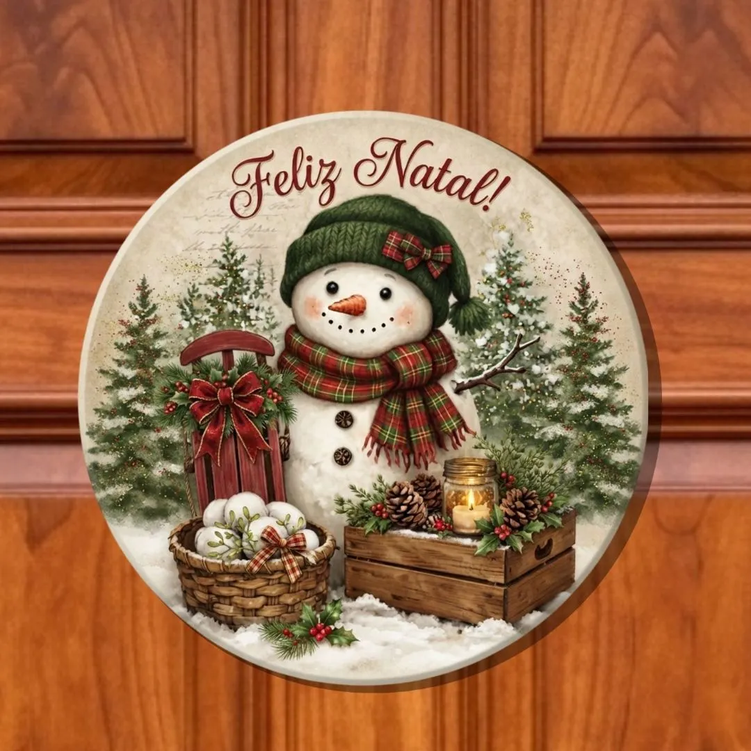 Guirlanda de Natal enfeite de porta Placa decorativa MDF 33 cm Boneco de Neve Presentes