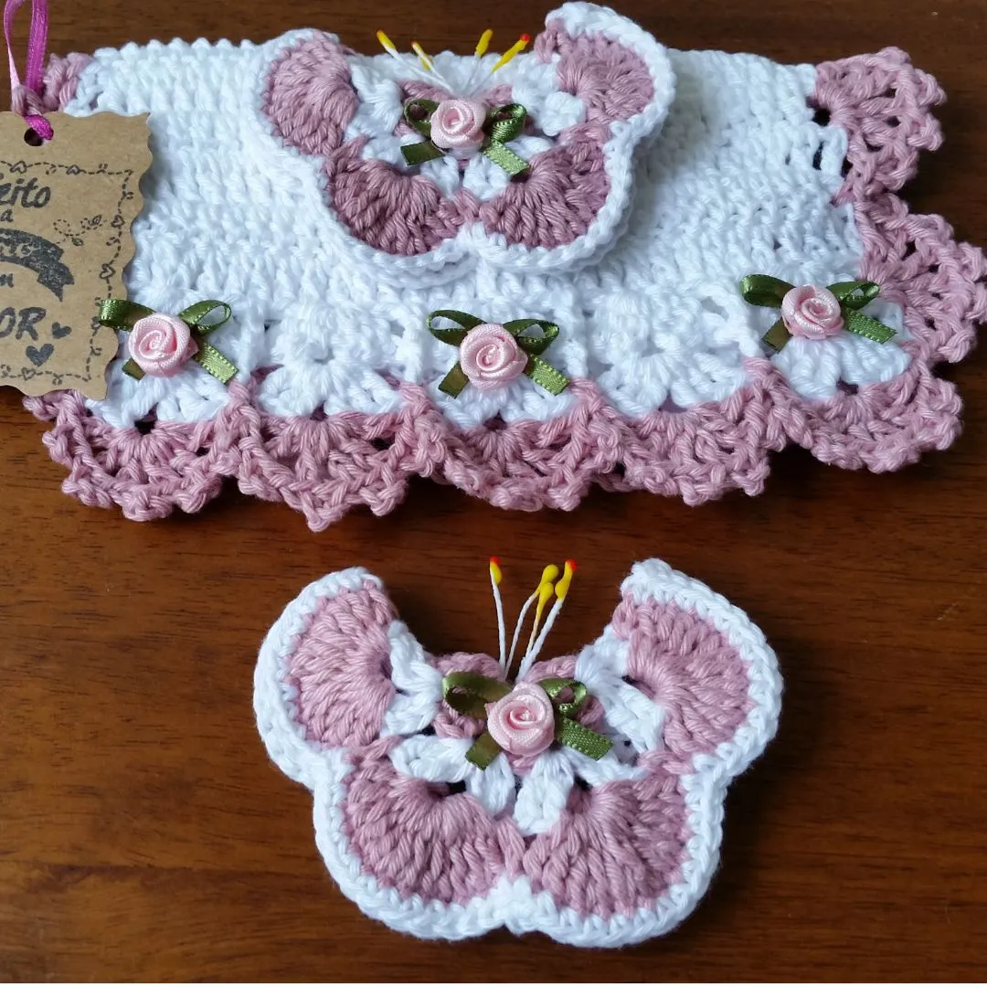 Puxador Fogão e Imã Geladeira Mini Borboleta Rosa Antigo - artesanato de Mari Crochê feito com carinho!