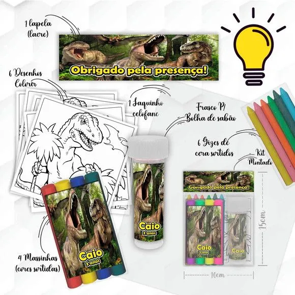 Kit Massinha + Giz + Bolha Dinossauro Personalizado - feito à mão por Mi Papelaria Criativa