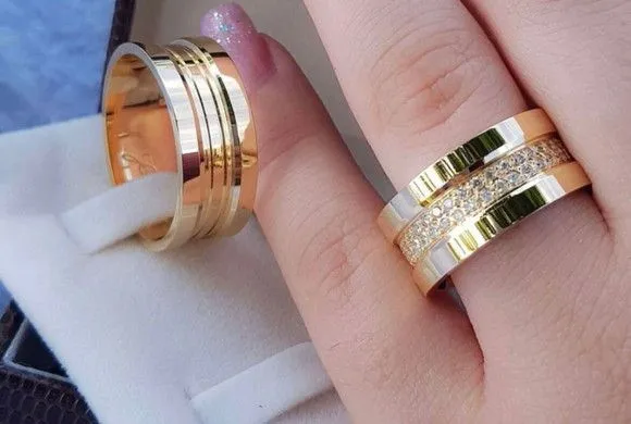 Par Alianças Italiana Moeda Antiga 10mm + Anel Solitário - artesanato feito à mão por TM JOIAS
