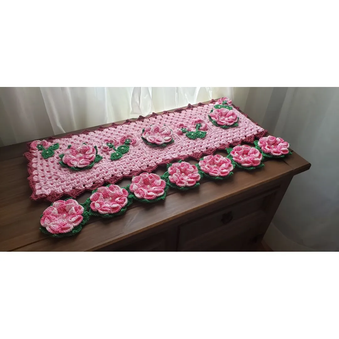Capa Encaixe Crochê Tampa Fogão 5 Bocas Flores Rosa - foto 4