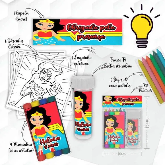 Kit Massinha + Giz + Bolha Mulher Maravilha Personalizado - feito à mão por Mi Papelaria Criativa
