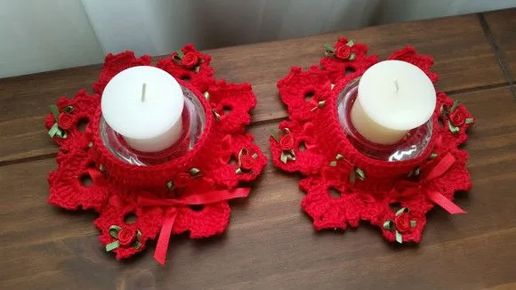Conjunto de Porta Velas em Crochê - Vermelho - artesanato de Mari Crochê feito com carinho!