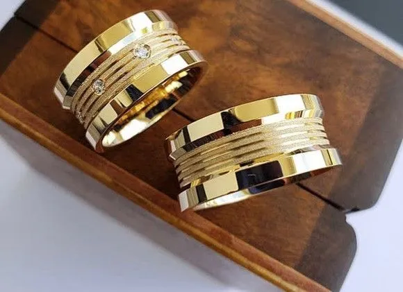Par Alianças Italiana Moeda Antiga 10mm + Anel Solitário - artesanato feito à mão por TM JOIAS