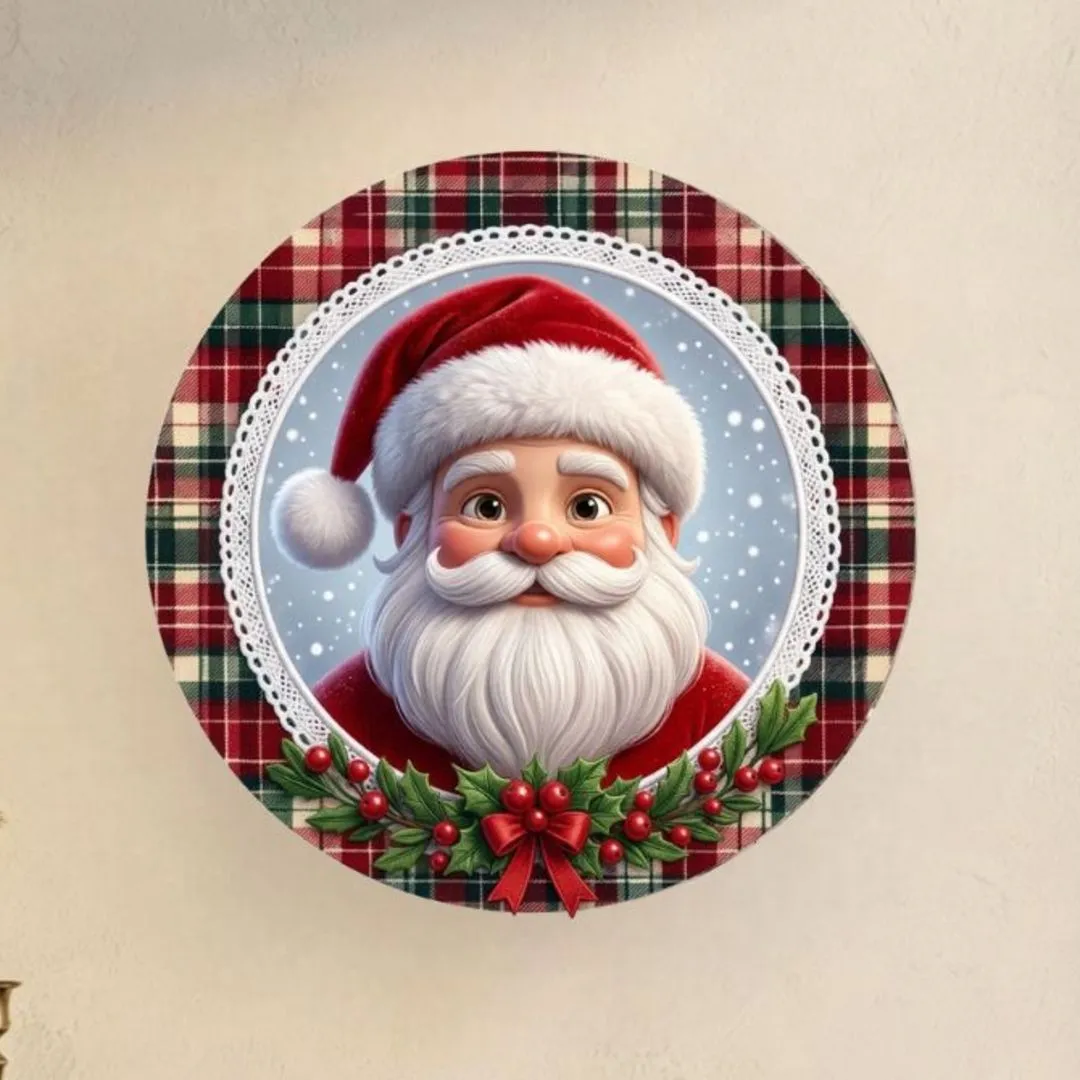 Placa decorativa MDF 35 cm Guirlanda de Natal enfeite de porta Papai Noel xadrez - foto 2