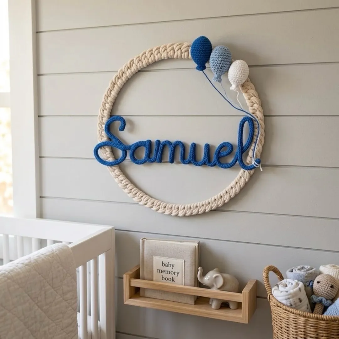 Porta Maternidade Balões + Nome Personalizado em tricotin Guirlanda Macrame - artesanato feito à mão por Hellow Kids