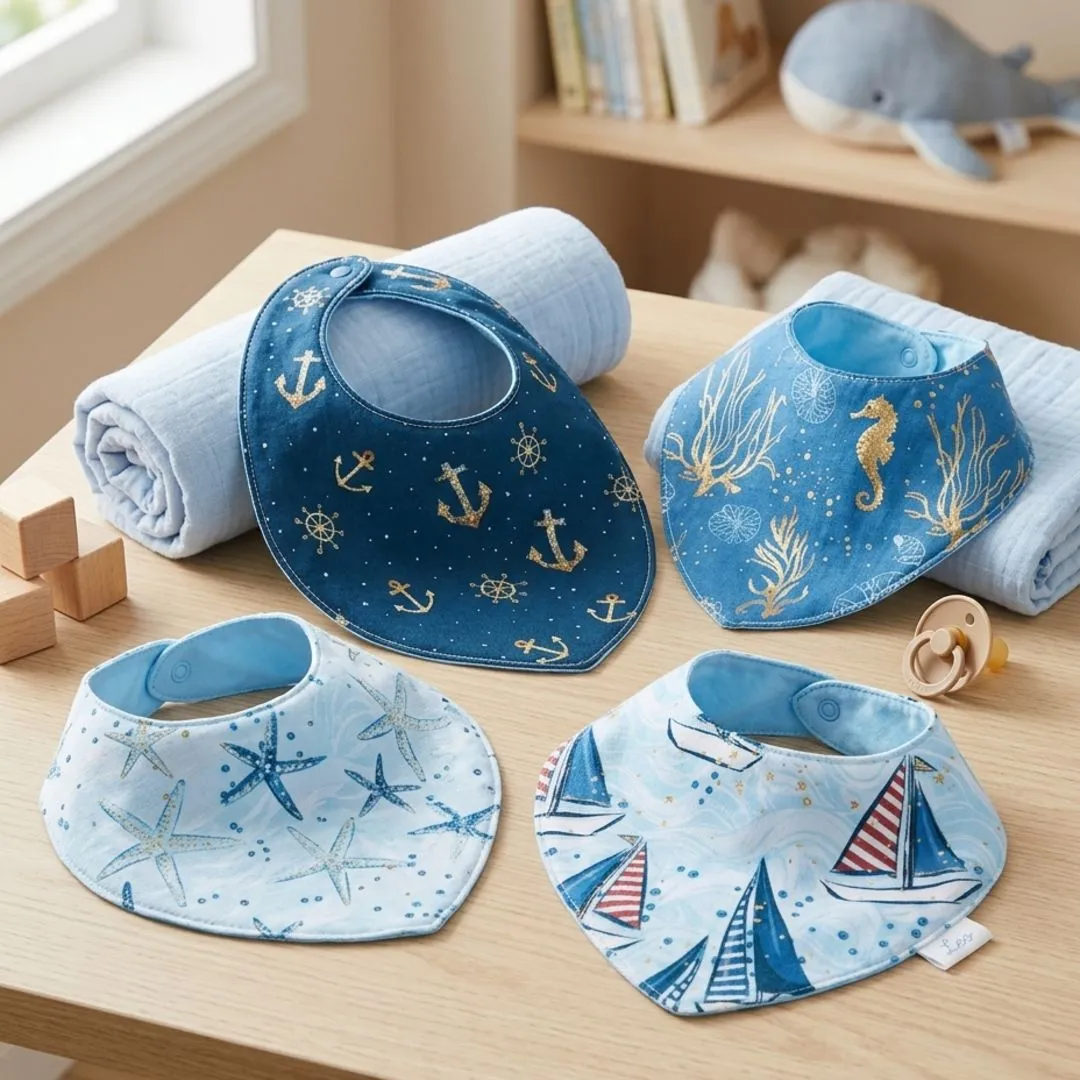 Kit 4 Babadores de Bebê Personalizados | Tema Marítimo Unissex - artesanato de Innovare Studio