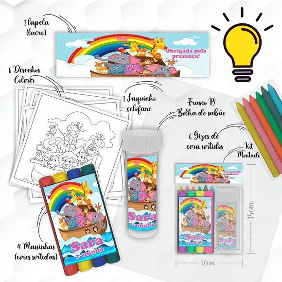 Kit Massinha + Giz + Bolha Arco Iris Personalizado - feito à mão por Mi Papelaria Criativa