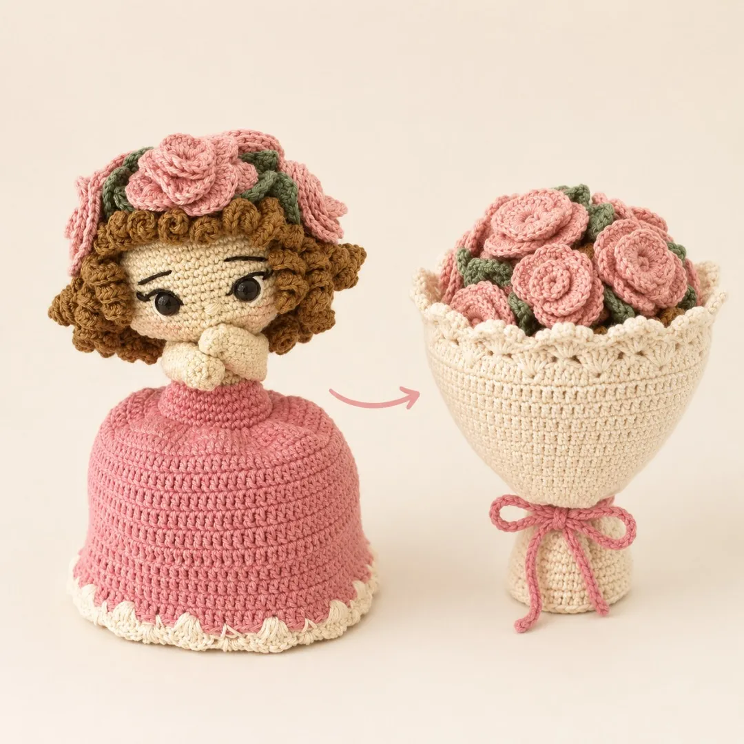 Boneca Buquê Reversível em Crochê Personalizada - artesanato feito à mão por Blossom Atelie