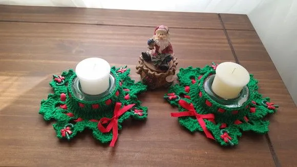 Conjunto de Porta Velas Natalina  Verde Natal - artesanato de Mari Crochê feito com carinho!