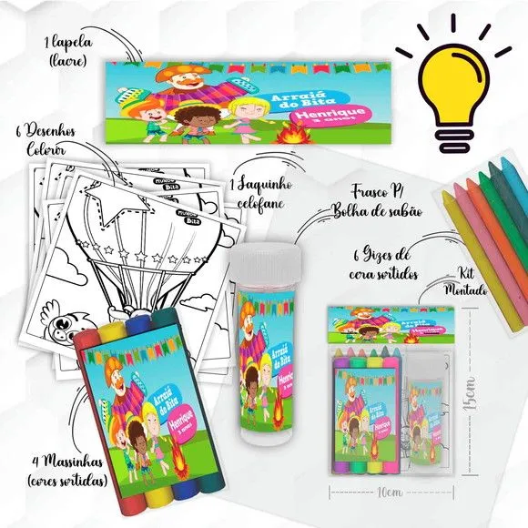 Kit Massinha + Giz + Bolha Mundo Bita Arraial Personalizado - feito à mão por Mi Papelaria Criativa
