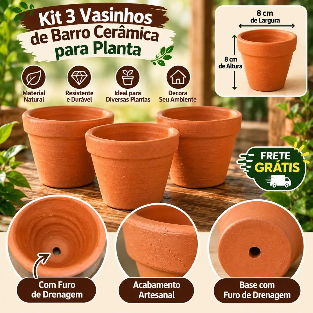 Kit 3 Vasinhos de Barro Cerâmica para Planta 8cm - foto 2