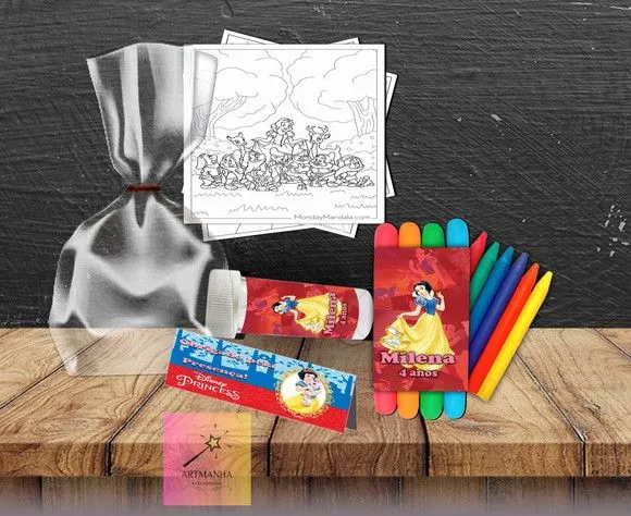 Kit Massinha + Giz + Bolha Branca de Neve Personalizado - feito à mão por Artmanha Lembrancinhas