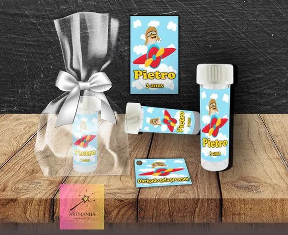 Bolha de Sabão Aviador Personalizada - feito à mão por Artmanha Lembrancinhas