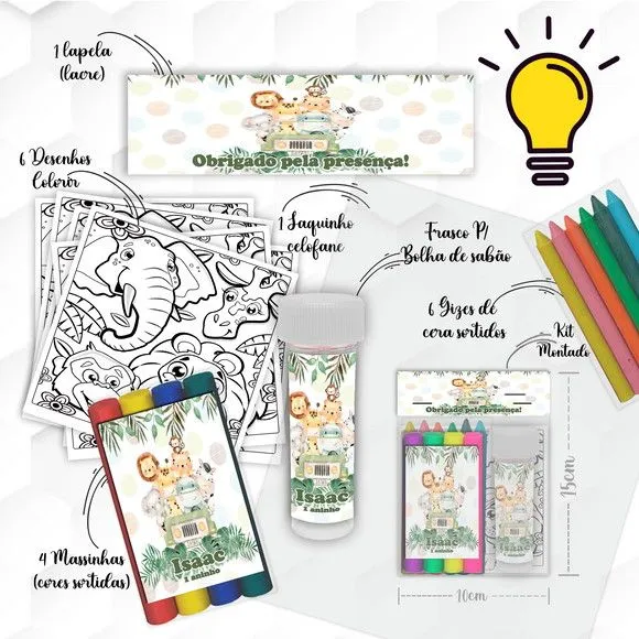 Kit Massinha + Giz + Bolha Safari Personalizado - artesanato feito à mão por Mi Papelaria Criativa
