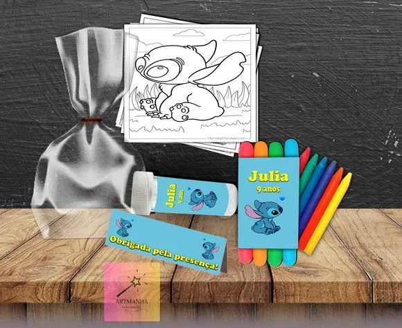 Kit Massinha + Giz + Bolha Stitch Personalizado - feito à mão por Artmanha Lembrancinhas
