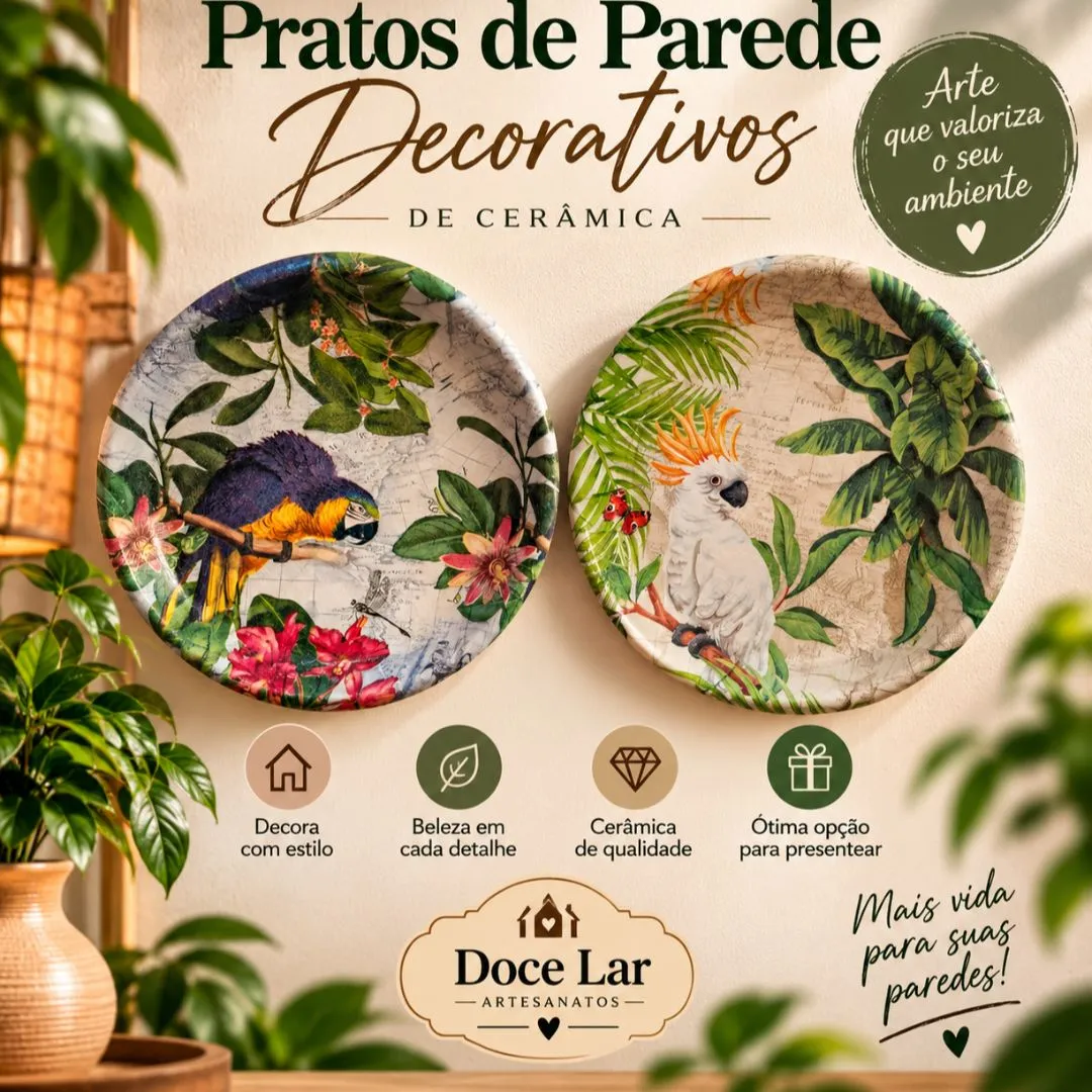 Kit 2 Prato de Parede Enfeite Decorativo De Cerâmica Artesanal Pássaros - foto 4