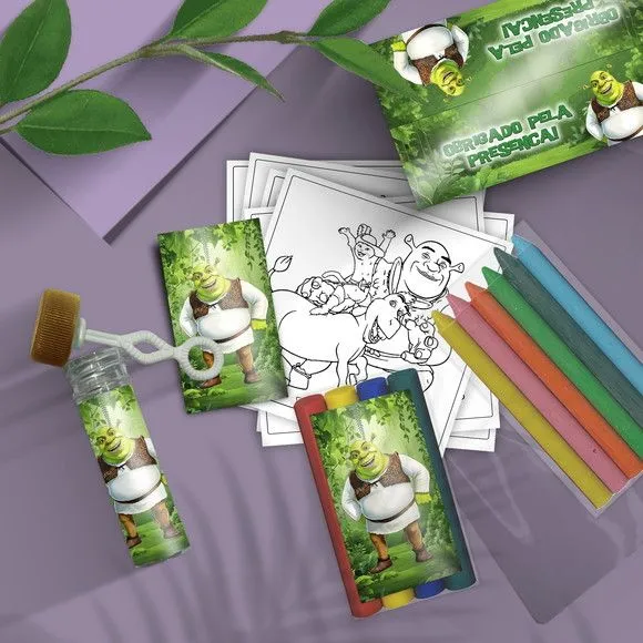 Kit Massinha + Giz + Bolha - Sherek Personalizado - feito à mão por Mi Papelaria Criativa