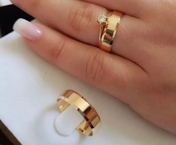 Par Alianças de Noivado Moeda Antiga 6mm + Anel Solitário - artesanato feito à mão por TM JOIAS