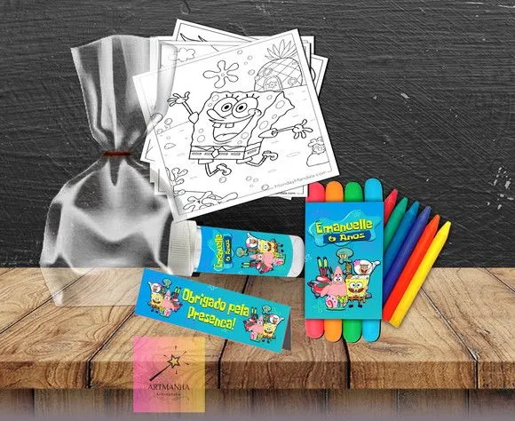 Kit Massinha + Giz + Bolha Bob Esponja Personalizado - feito à mão por Artmanha Lembrancinhas