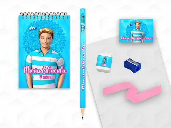 Bloquinho+ Borracha e Apontador Ken da Barbie Personalizada - artesanato feito à mão por creativitybynina