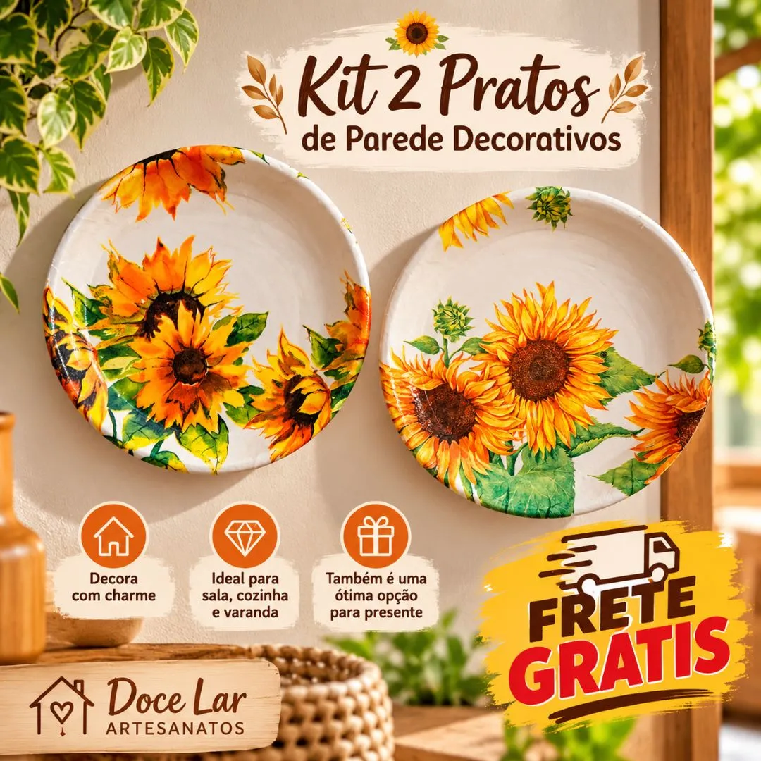 Kit 2 Prato de Parede Enfeite Decorativo De Cerâmica Artesanal Girassol 2 - artesanato feito à mão por Doce Lar Artesanatos