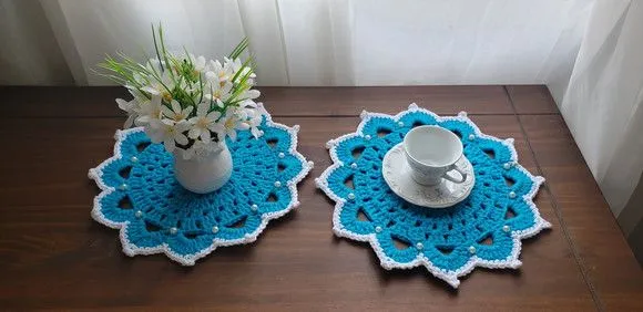 Mini Sousplat Crochê Café ou Chá Azul Turquesa /branco - foto 4