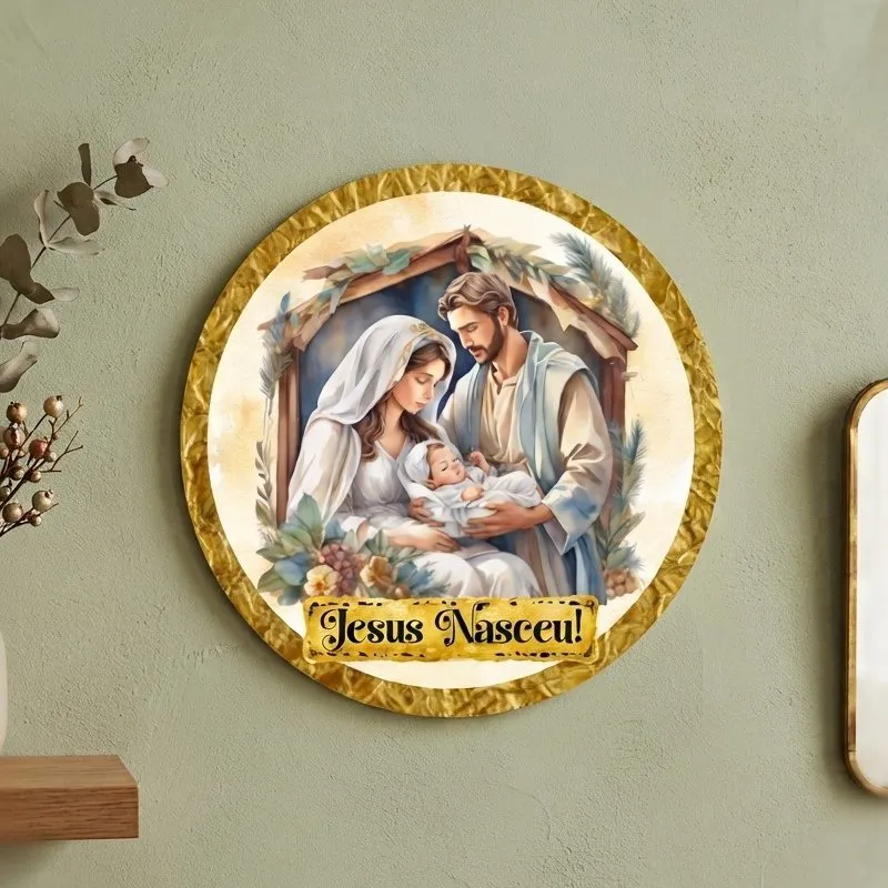 Placa decorativa MDF 35 cm Guirlanda de Natal enfeite de porta Presépio Jesus - foto 2