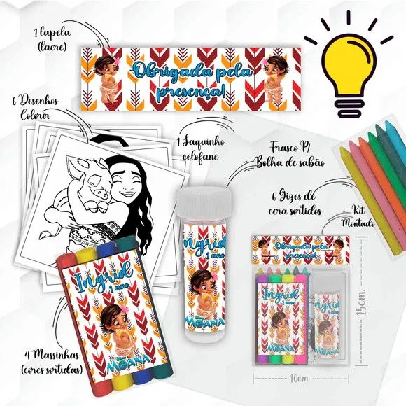 Kit Massinha + Giz + Bolha Moana Personalizado - feito à mão por Mi Papelaria Criativa